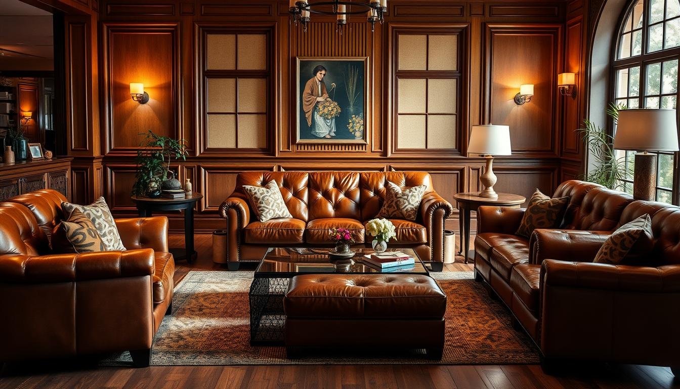 Elegante-sala-de-estar-con-sofas-y-sillones-de-cuero-natural-en-tonos-calidos-1 Elegante sala de estar con sofás y sillones de cuero natural en tonos cálidos