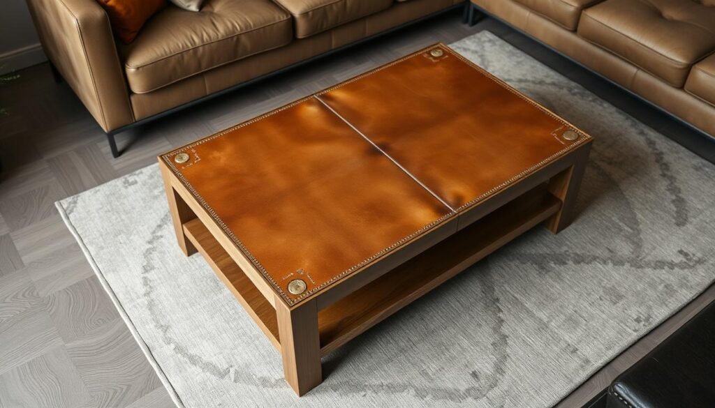 Mesa de centro con estructura de madera y superficie de cuero natural Mesa de centro con estructura de madera y superficie de cuero natural