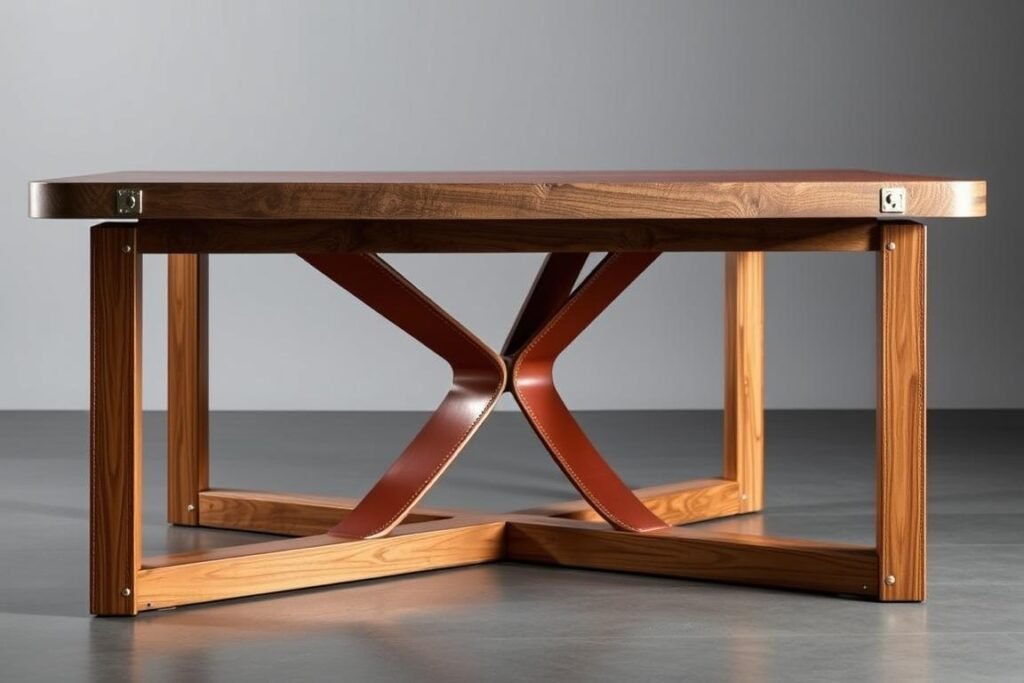 Mesa de comedor con detalles en cuero natural y madera Mesa de comedor con detalles en cuero natural y madera
