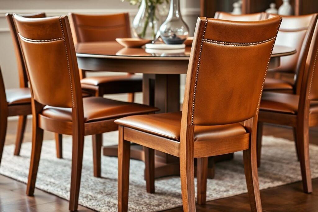 Sillas comensales de cuero natural con estructura de madera Sillas comensales de cuero natural con estructura de madera