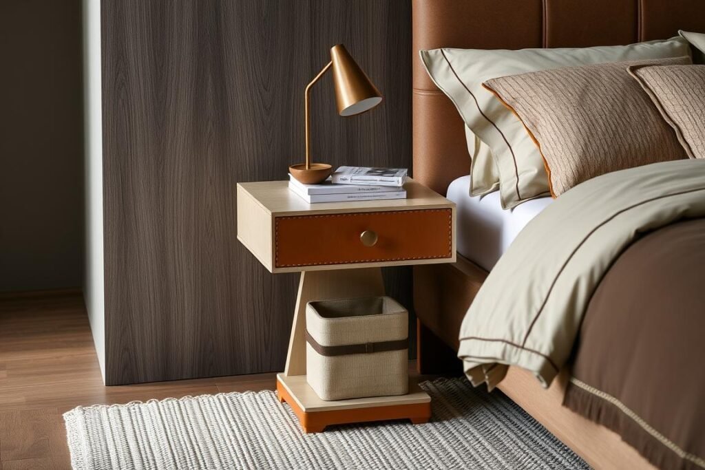 Velador con detalles en cuero natural junto a cama Velador con detalles en cuero natural junto a cama