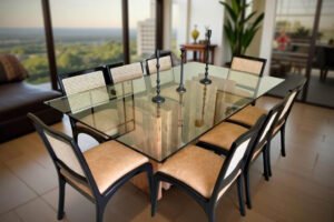 Mesa de Comedor con Base Clara y Cubierta de Vidrio Transparente