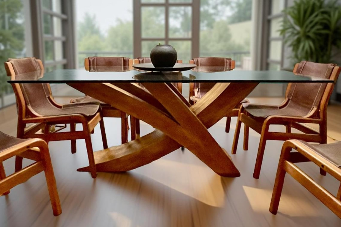 Mesa de Comedor Elegante con Base Oscura de Diseño Moderno