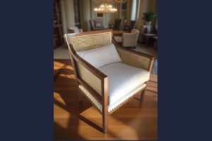 Sitial Colonial Moderno con Rejilla Natural y Tapizado Blanco Crudo