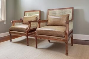 Sitiales Clásicos con Respaldo de Rejilla y Tapicería en Cuero Beige
