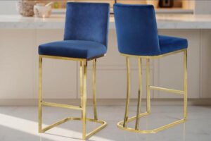 Taburetes Altos de Terciopelo Azul – Base Dorada