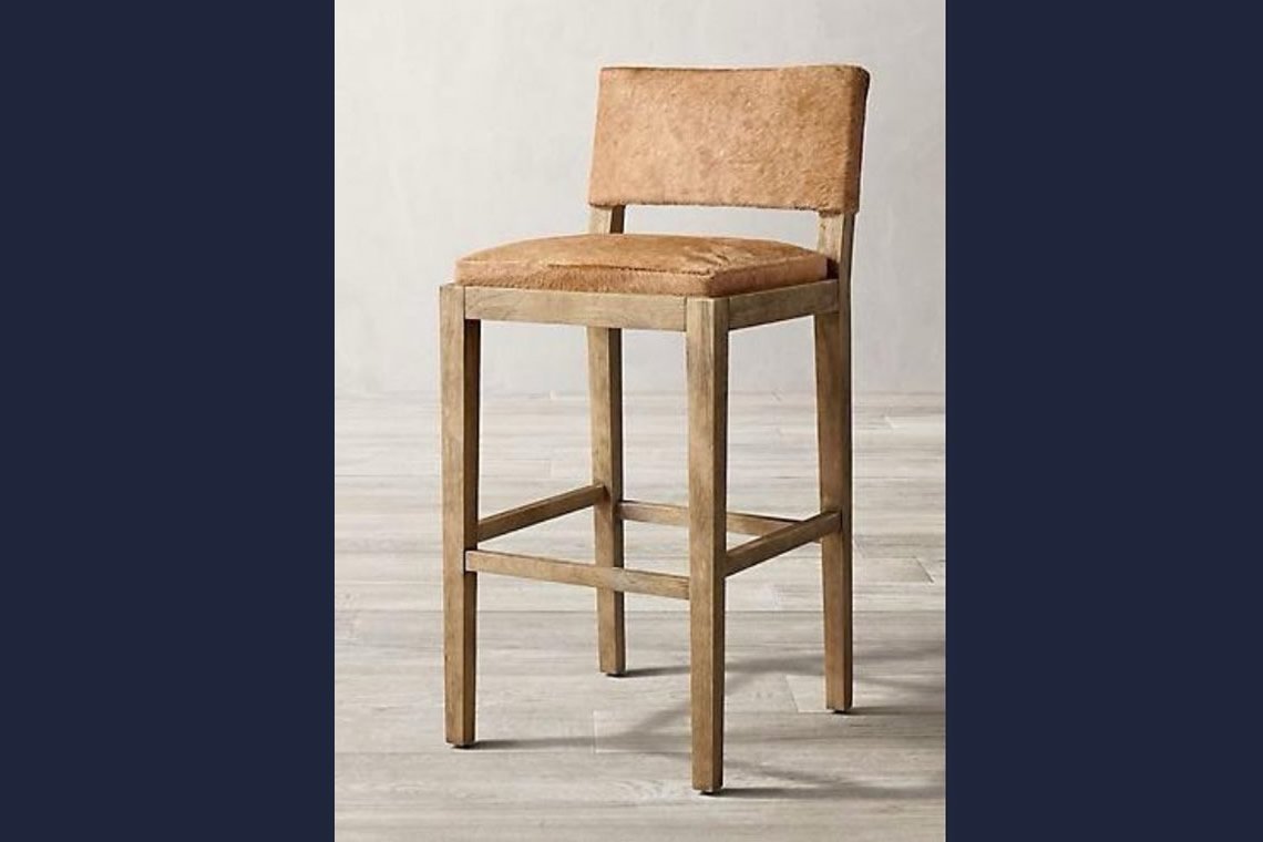 Taburete de Bar en Madera Clara con Asiento Tapizado en Piel Natural