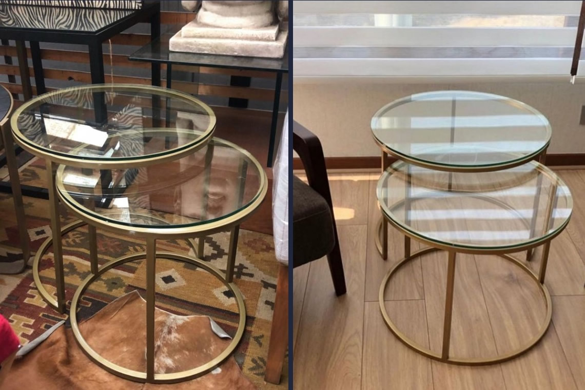 Set de Mesas Laterales Redondas – Vidrio Templado y Estructura Dorada