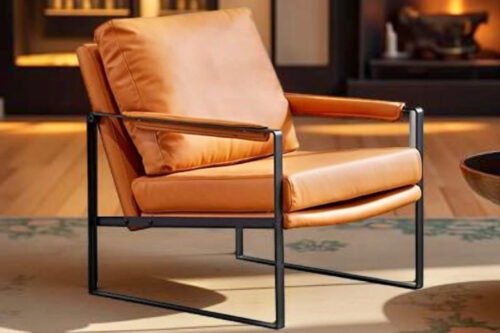 Sillón Moderno Industrial de Cuero Naranja con Estructura Metálica Negra Sillón Moderno Industrial de Cuero Naranja con Estructura Metálica Negra